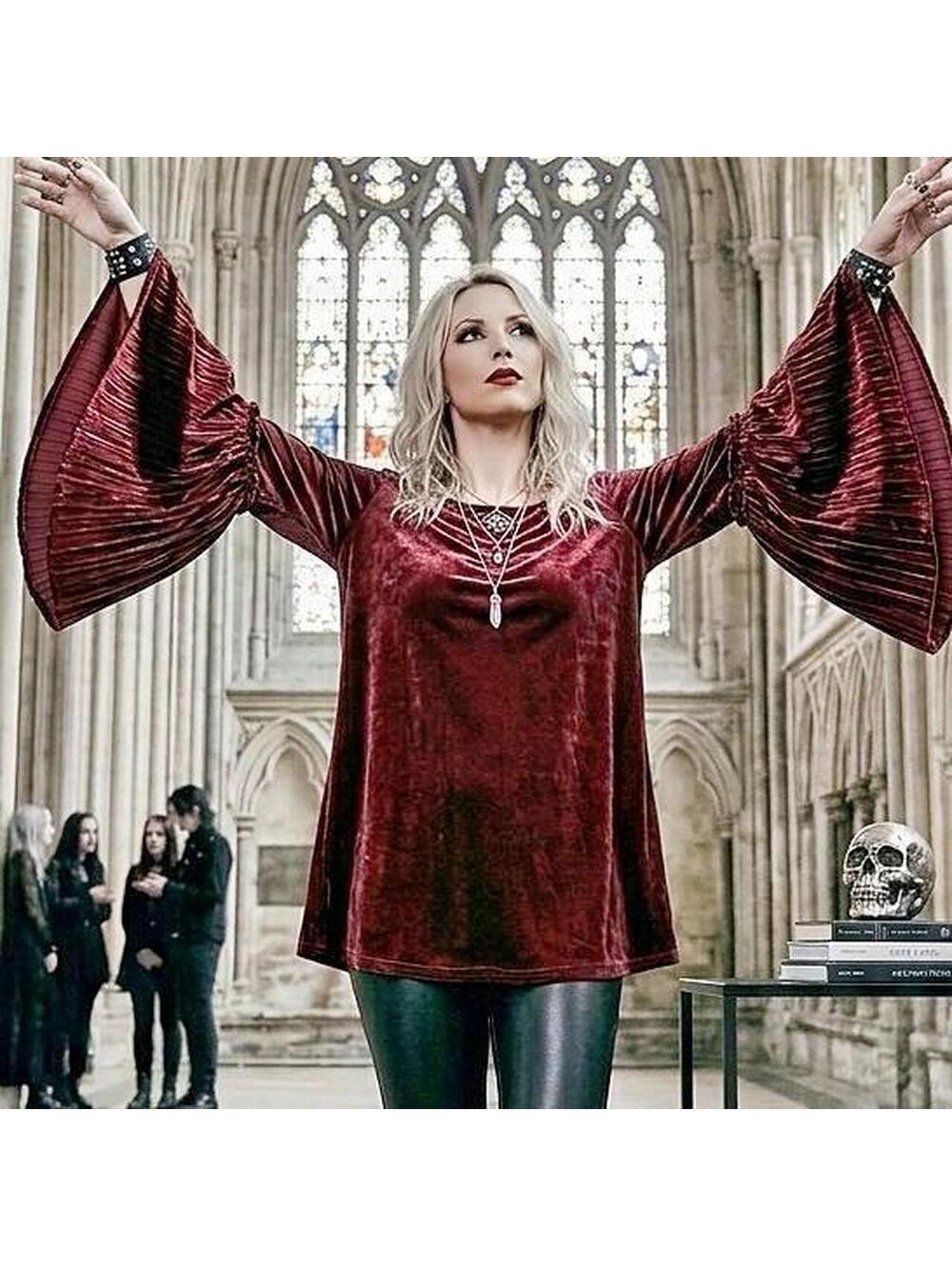 Burgundy Velvet Bell Sleeve Blouse